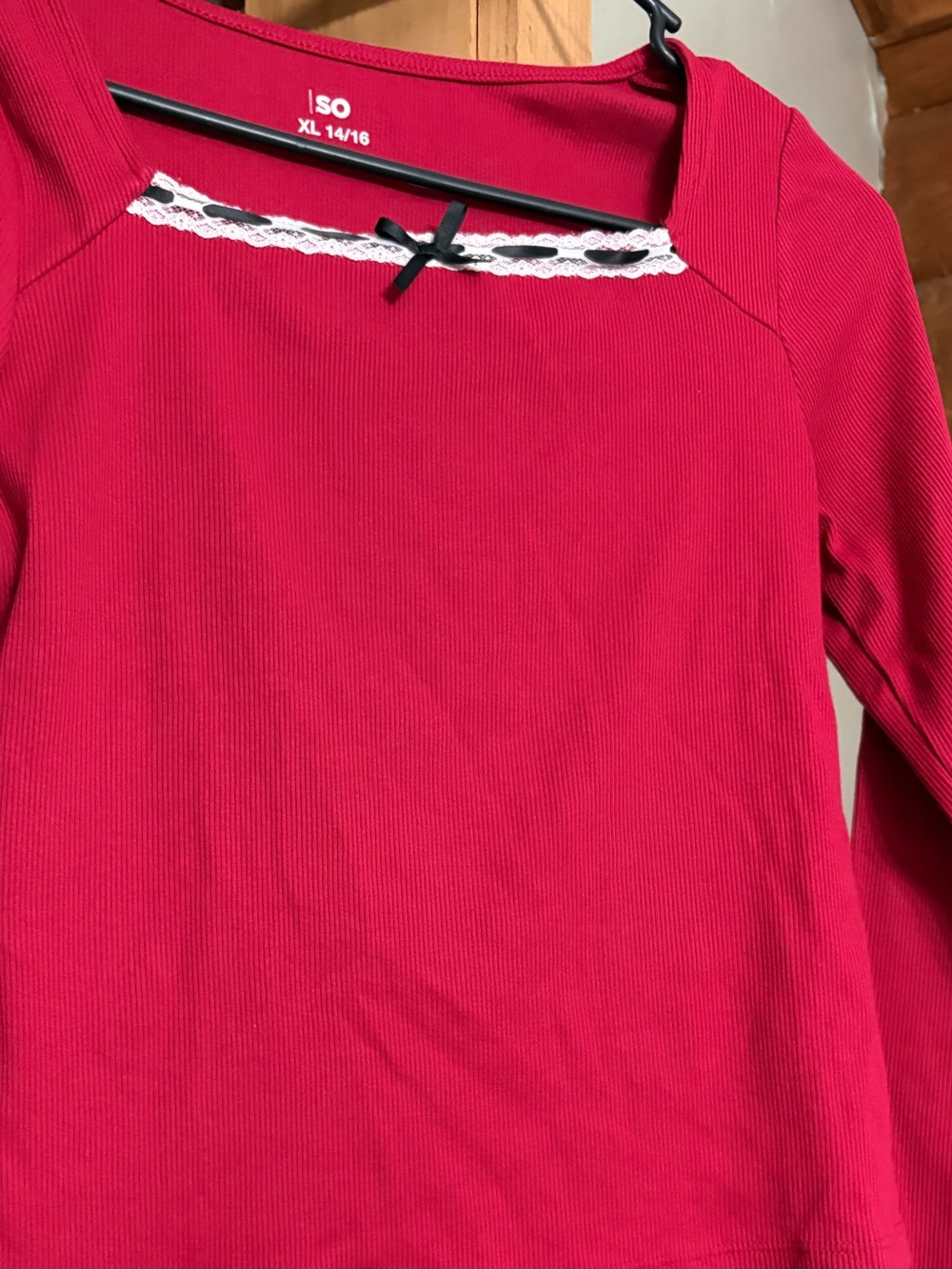 SO Ribbed Red Long Sleeve Top with Lace Trim